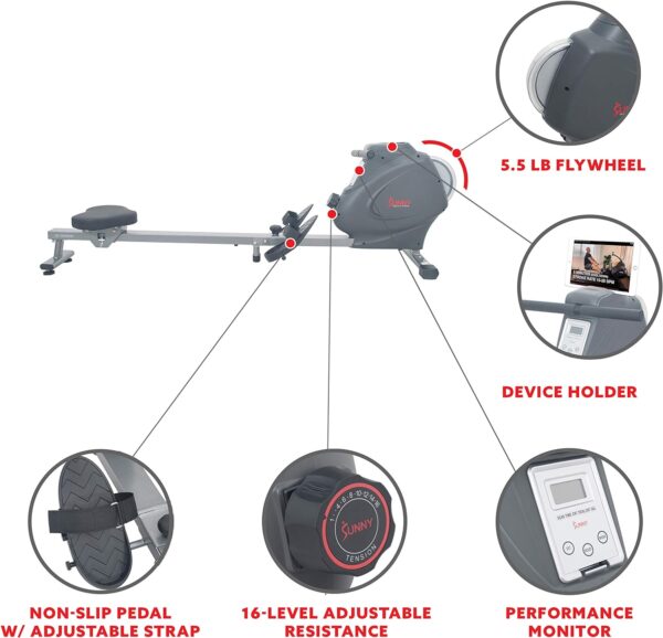 Sunny Health & Fitness Dynamic Rowing Machine w/Optional Exclusive SunnyFit® App Enhanced Bluetooth Connectivity - Image 4