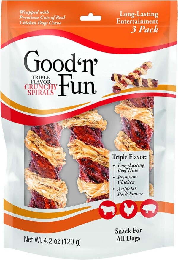 Good'n'Fun Triple Flavor Crunchy Spirals, Dog Chew Sticks, Premium Chicken and Beef Hide Treats for Dogs, 3 Pack - Image 2