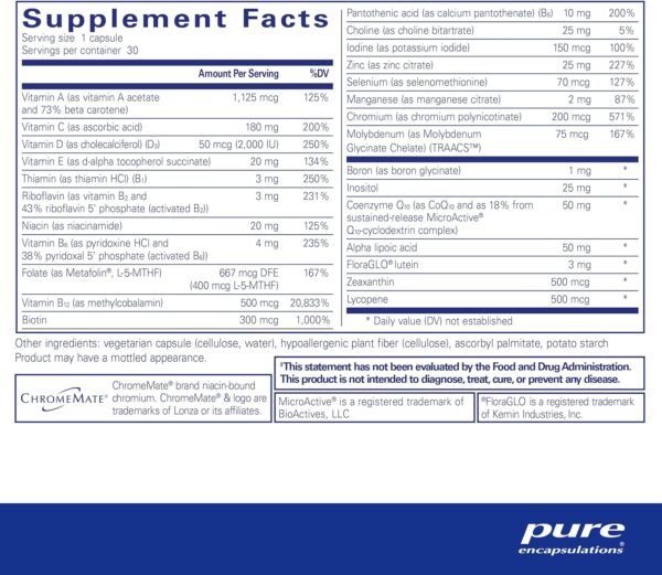 Pure Encapsulations O.N.E. Multivitamin - Once Daily Multivitamin with Antioxidant Complex Metafolin, CoQ10, and Lutein to Support Vision, Cognitive Function, and Cellular Health* - 30 Capsules - Image 3