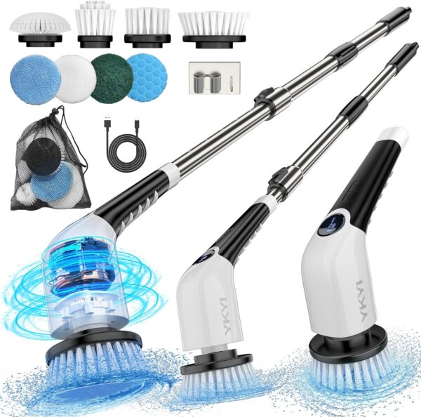 YKYI Electric Spin Scrubber,Cordless Cleaning Brush,Shower Cleaning Brush with 8 Replaceable Brush Heads, Power Scrubber 3 Adjustable Speeds,Adjustable & Detachable Long Handle,Voice Broadcast - Image 2