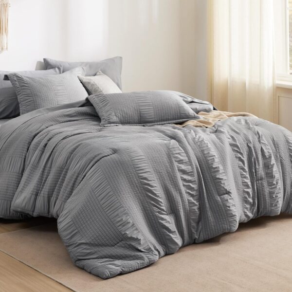 Bedsure Bed in a Bag Queen - Queen Comforter Set 7 Piece Stripes Seersucker Bedding Set, Soft Lightweight Down Alternative Comforter Queen Bed Set(Grey,Queen 90 x 90 inch) - Image 3