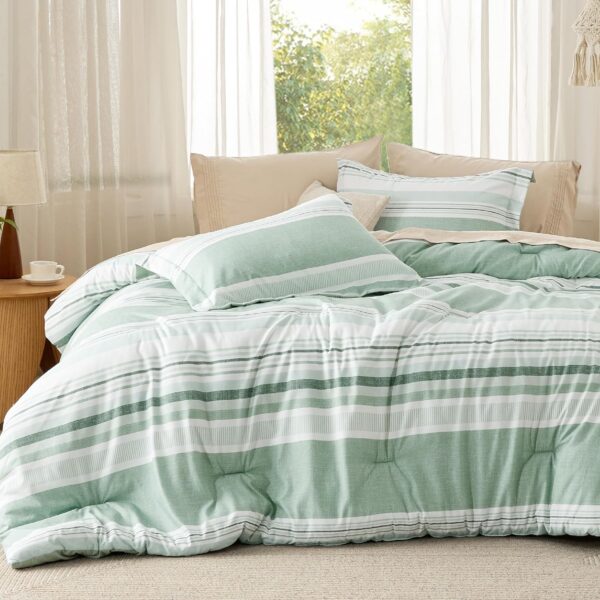 Bedsure Queen Comforter Set Sage Green - Lightweight Bedding Comforter Set, Green White Striped Comforter for Queen Size Bed, Includes 1 Comforter and 2 Pillow Shams - Image 3