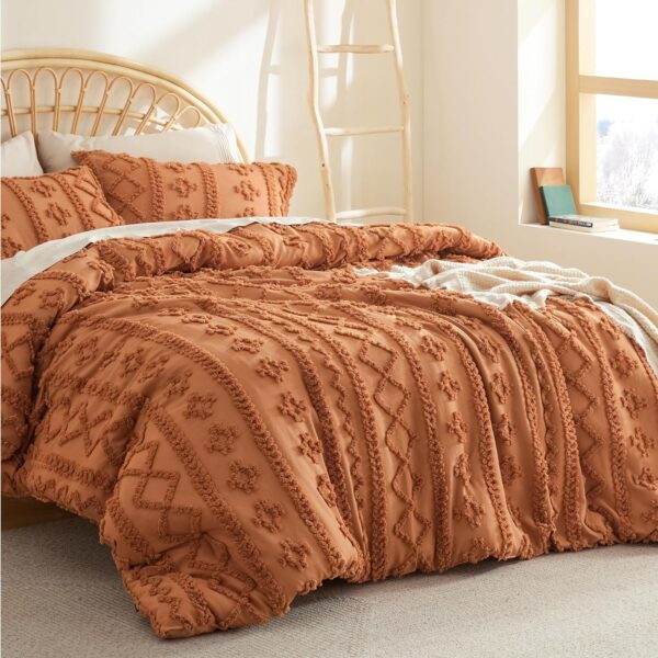 Bedsure Tufted Boho Comforter Set Queen - Pumpkin Boho Bedding Comforter Set, 3 Pieces Farmhouse Shabby Chic Embroidery Bed Set, Soft Jacquard Comforter for Women Men Girls - Image 3