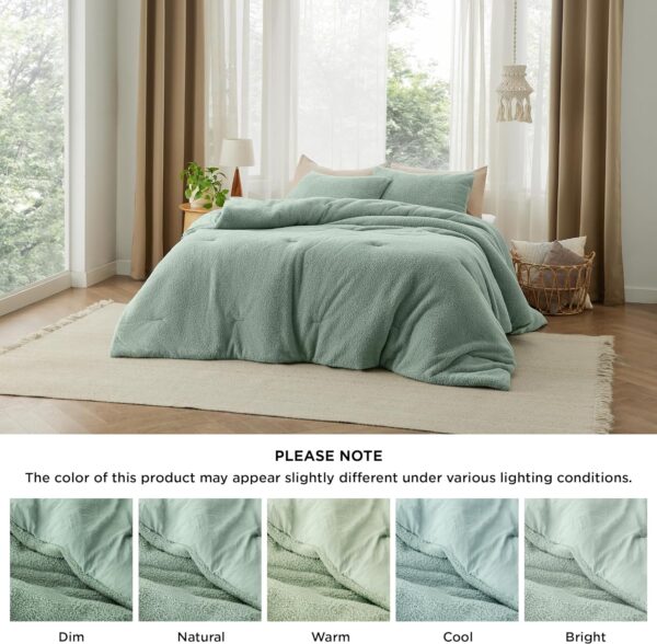 Bedsure Fluffy Sherpa Comforter Set Queen Size, Sage Green Bedding Comforter Set, 3 Peices Luxury Ultra-Soft Bed Set, 1 Solid Queen Comforter (90"x90") and 2 Pillow Cases (20"x26") - Image 8