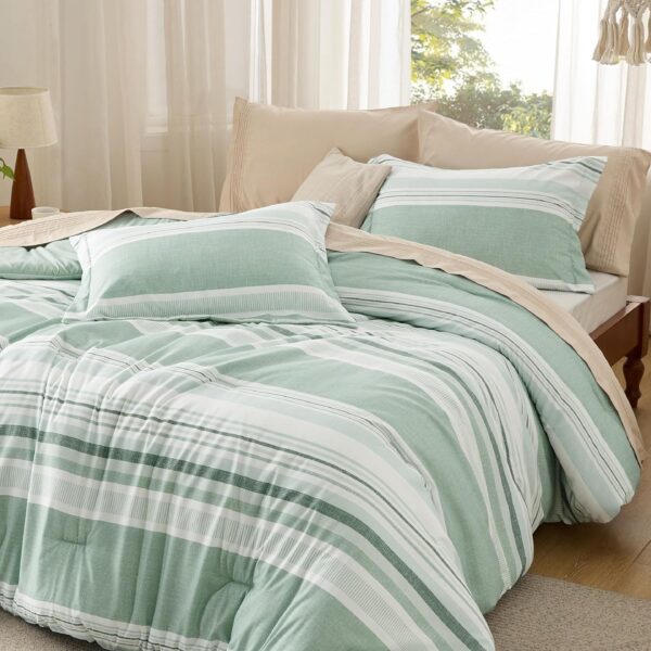 Bedsure Queen Comforter Set Sage Green - Lightweight Bedding Comforter Set, Green White Striped Comforter for Queen Size Bed, Includes 1 Comforter and 2 Pillow Shams - Image 8