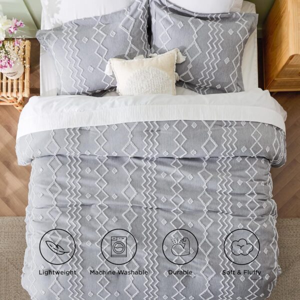 Bedsure Boho Tufted Comforter Set Queen - Dark Grey Cationic Dyeing Bedding Comforter Set, 3 Pieces Farmhouse Shabby Chic Embroidery Bed Set, Geometric Pattern Comforter for All Seasons - Image 5