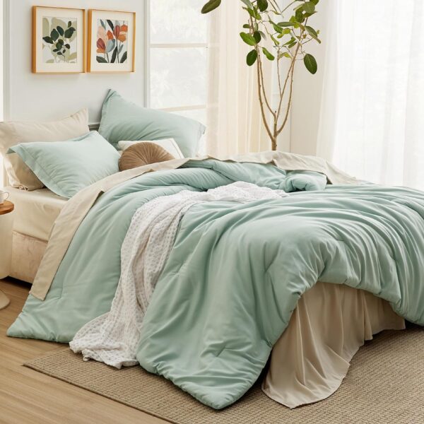 Bedsure Queen Comforter Set Sage Green, 7 Pieces Soft Queen Bedding Set with Comforter, Sheets, Pillowcases & Shams, All Season Boho Bed in a Bag Queen, Contrasting Design - Image 2