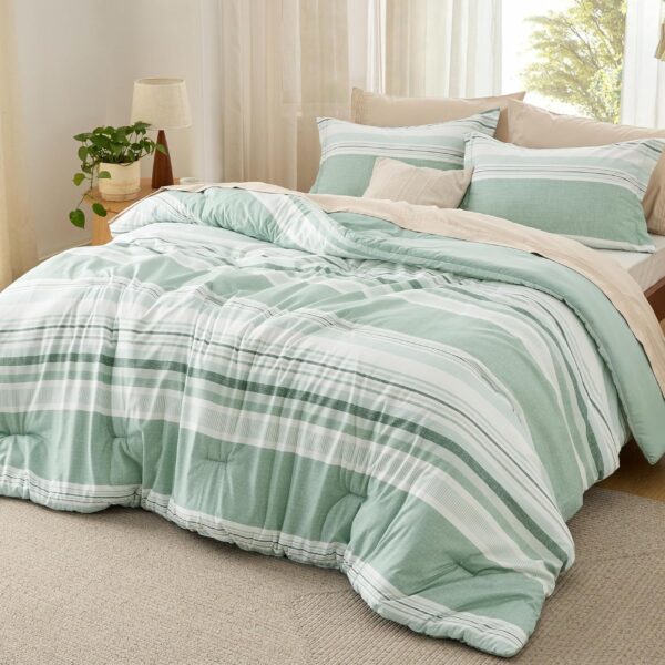 Bedsure Queen Comforter Set Sage Green - Lightweight Bedding Comforter Set, Green White Striped Comforter for Queen Size Bed, Includes 1 Comforter and 2 Pillow Shams - Image 2