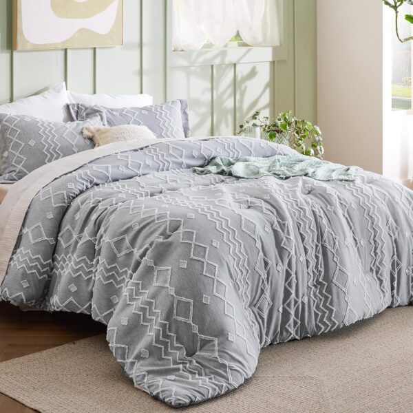 Bedsure Boho Tufted Comforter Set Queen - Dark Grey Cationic Dyeing Bedding Comforter Set, 3 Pieces Farmhouse Shabby Chic Embroidery Bed Set, Geometric Pattern Comforter for All Seasons - Image 3