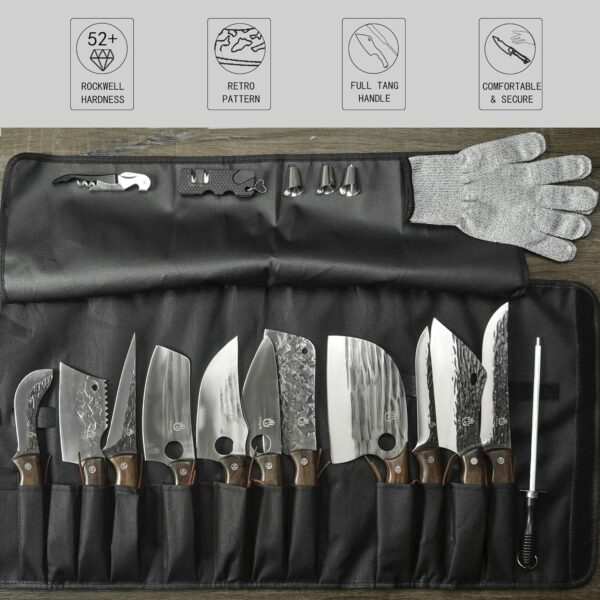 FULLHI 17pcs Butcher Chef Knife Set include sheath High Carbon Steel Cleaver Kitchen Knife Whole Tang Vegetable Cleaver Home BBQ Camping with Knife Bag - Image 4