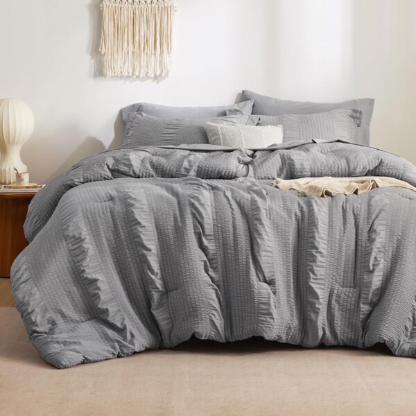 Bedsure Bed in a Bag Queen - Queen Comforter Set 7 Piece Stripes Seersucker Bedding Set, Soft Lightweight Down Alternative Comforter Queen Bed Set(Grey,Queen 90 x 90 inch) - Image 2