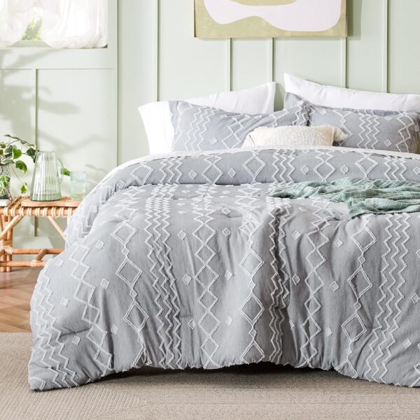 Bedsure Boho Tufted Comforter Set Queen - Dark Grey Cationic Dyeing Bedding Comforter Set, 3 Pieces Farmhouse Shabby Chic Embroidery Bed Set, Geometric Pattern Comforter for All Seasons - Image 2