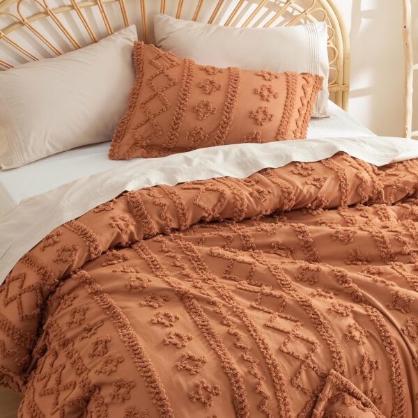 Bedsure Tufted Boho Comforter Set Queen - Pumpkin Boho Bedding Comforter Set, 3 Pieces Farmhouse Shabby Chic Embroidery Bed Set, Soft Jacquard Comforter for Women Men Girls - Image 4