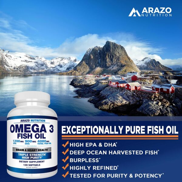 Arazo Nutrition Wild Caught Omega 3 Fish Oil – 120 Soft Gels – 4,080mg High EPA 1200mg DHA 900mg Lemon Flavor Burpless Softgels - Image 5