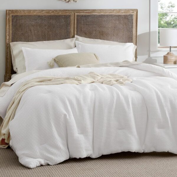 Bedsure Waffle Comforter Set Queen, White Soft Cotton Comforter Queen Size, Bedding Set for All Seasons, Waffle Weave Bed Set, 3 Pieces, 1 Comforter (90"x90") and 2 Pillow Shams (20"x26"+2") - Image 3