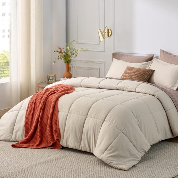 Bedsure Beige Queen Comforter Set - Beige Basket Weave Pattern Down Alternative Comforter Set Box Stitching Duvet Insert, Lightweight All Season Bedding Set with 2 Pillow Shams - Image 3