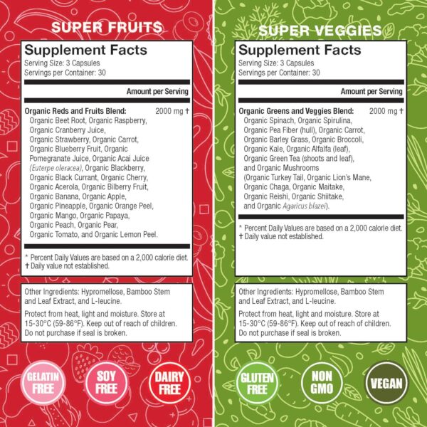 Organic Super Fruit & Veggies Supplement - Gluten/Gelatin Free, Non GMO, Soy Free & Vegan | Reds & Greens Superfood Capsules | 23 Fruits & 16 Vegetables (180 Count) - Image 3