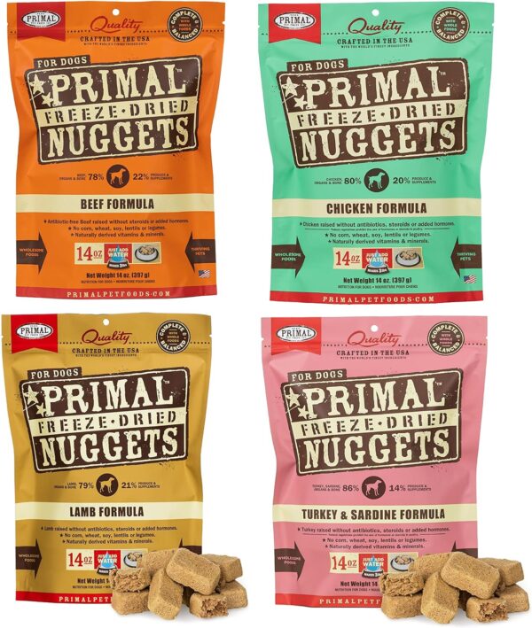 Primal Freeze Dried Dog Food Nuggets 14 oz Variety 4-Pack (Beef, Chicken, Lamb, Turkey & Sardine); Complete & Balanced Meal, Topper or Treat; Premium, Grain Free Raw Dog Food - Image 2