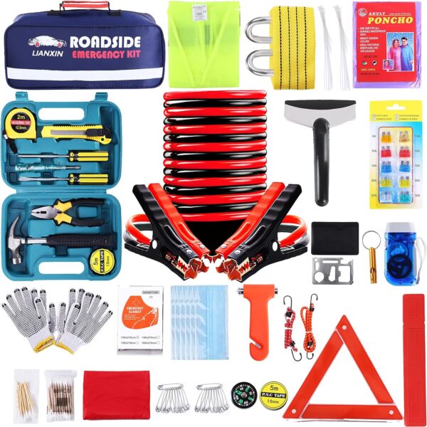 LIANXIN Roadside Assistance Emergency Kit - Car Emergency Kit with Jumper Cables (Upgraded) Emergency Roadside Kit for Car 142 Pieces Car Safety Kits,Tow Strap,Tool Kit,Reflective Warning Triangle - Image 2