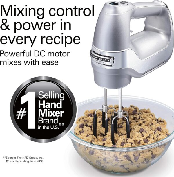 Hamilton Beach Professional 7-Speed Digital Electric Hand Mixer with High-Performance DC Motor, Slow Start, Snap-On Storage Case, SoftScrape Beaters, Whisk, Dough Hooks, Silver and Chrome (62657) - Image 3