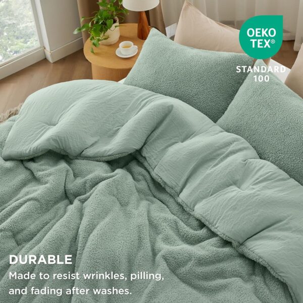 Bedsure Fluffy Sherpa Comforter Set Queen Size, Sage Green Bedding Comforter Set, 3 Peices Luxury Ultra-Soft Bed Set, 1 Solid Queen Comforter (90"x90") and 2 Pillow Cases (20"x26") - Image 6