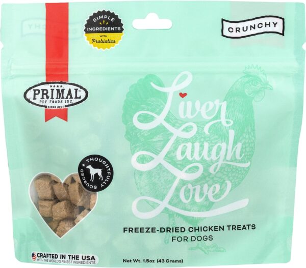 Primal Freeze Dried Dog Treats; Chicken Liver Dog Treats with Probiotics for Dogs; Liver, Laugh, Love; Crunchy Grain Free Training Treats for Dogs, 1.5 oz - Image 2