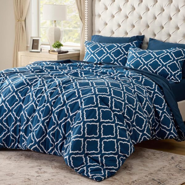 Bedsure Queen Comforter Set 7 Pieces - Navy Blue Quatrefoil Comforters Queen Size, Lightweight Bedding Sets for All Season, Bed in a Bag with Comforters, Sheets, Pillowcases & Shams - Image 2