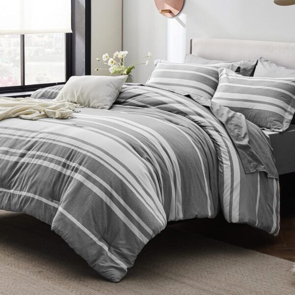 Bedsure Queen Comforter Set 7 Pieces, Grey White Striped Comforter for Queen Size Bed Reversible, Cationic Dyeing Bed in a Bag with Comforter, Sheets, Pillowcases & Shams - Image 2