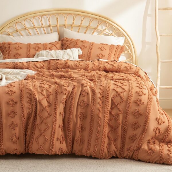 Bedsure Tufted Boho Comforter Set Queen - Pumpkin Boho Bedding Comforter Set, 3 Pieces Farmhouse Shabby Chic Embroidery Bed Set, Soft Jacquard Comforter for Women Men Girls - Image 2