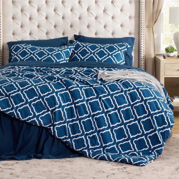 Bedsure Queen Comforter Set 7 Pieces - Navy Blue Quatrefoil Comforters Queen Size, Lightweight Bedding Sets for All Season, Bed in a Bag with Comforters, Sheets, Pillowcases & Shams - Image 3