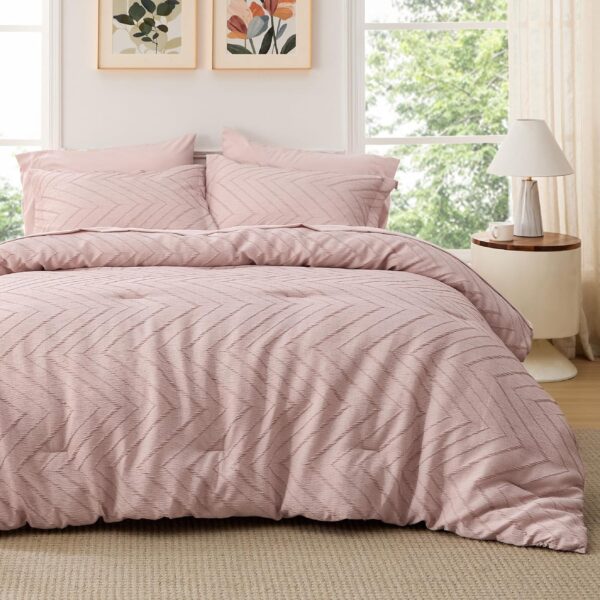 Bedsure Boho Queen Size Comforter Set - 7 Piece Jacquard Crease Comforter Bedding Set, Bed in a Bag with 1 Comforter, 1 Flat Sheet, 1 Fitted Sheet, 2 Pillowcases & 2 Shams, Pink Bedding Comforter Set - Image 2