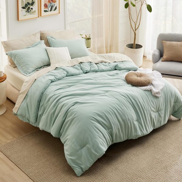 Bedsure Queen Comforter Set Sage Green, 7 Pieces Soft Queen Bedding Set with Comforter, Sheets, Pillowcases & Shams, All Season Boho Bed in a Bag Queen, Contrasting Design - Image 6