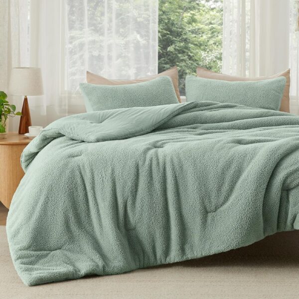 Bedsure Fluffy Sherpa Comforter Set Queen Size, Sage Green Bedding Comforter Set, 3 Peices Luxury Ultra-Soft Bed Set, 1 Solid Queen Comforter (90"x90") and 2 Pillow Cases (20"x26") - Image 3