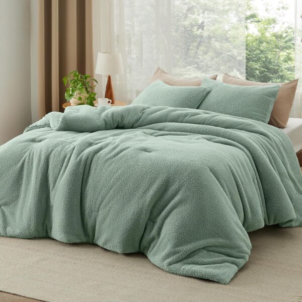 Bedsure Fluffy Sherpa Comforter Set Queen Size, Sage Green Bedding Comforter Set, 3 Peices Luxury Ultra-Soft Bed Set, 1 Solid Queen Comforter (90"x90") and 2 Pillow Cases (20"x26") - Image 2